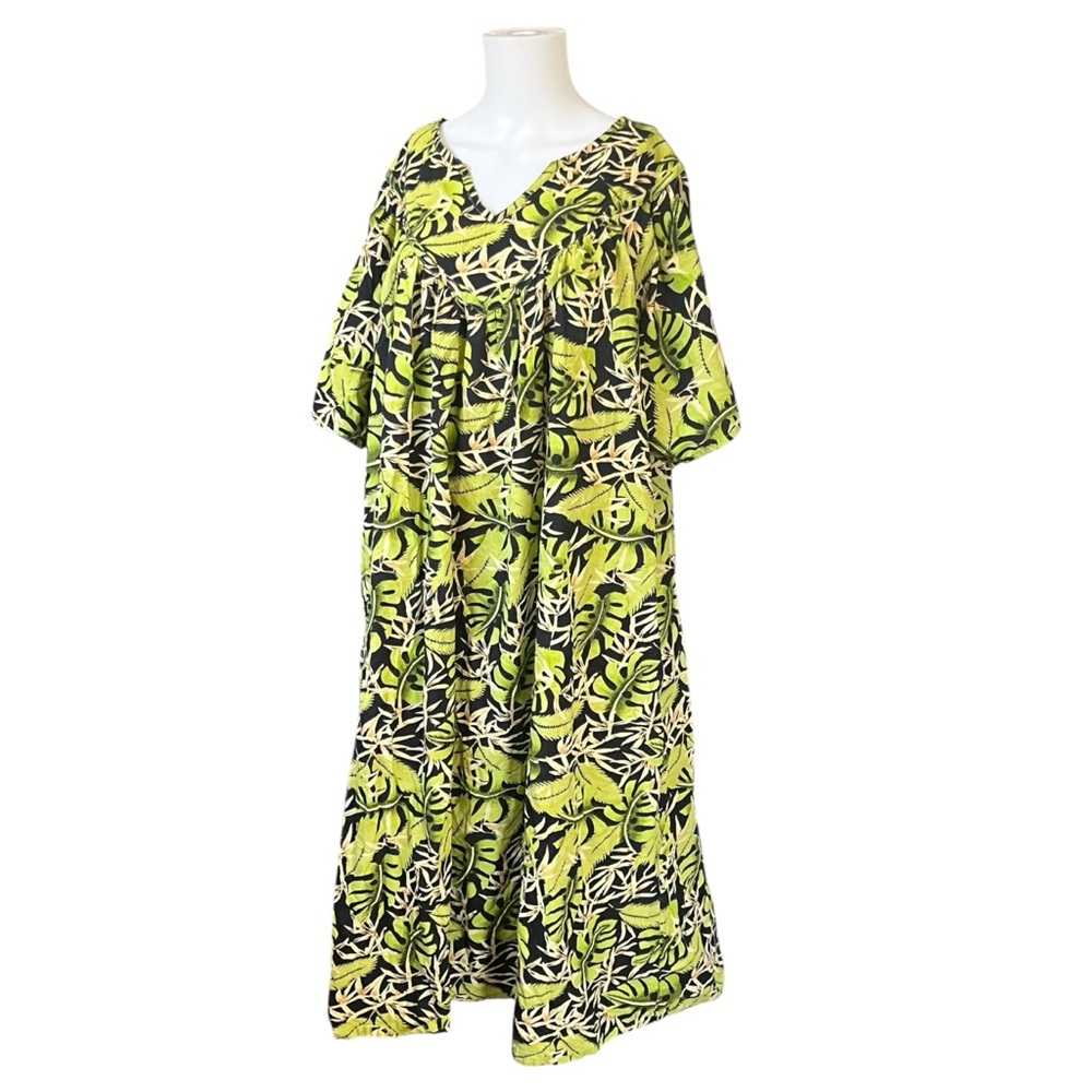 Loungees Short Sleeve Mumu V Neck Bright Green Black Cotton Plus Size 3X